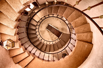 Overhead view of spiral staircase in 
Scotty's Castle