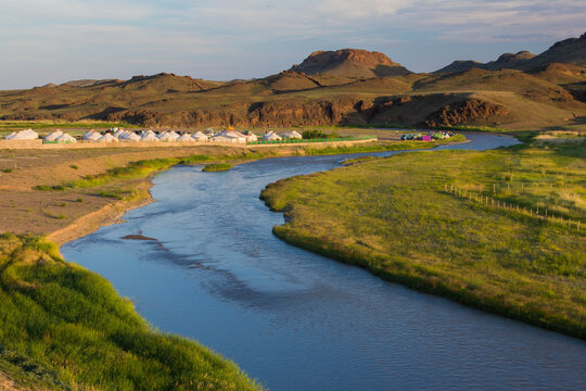 View of Mongolian Ger Camps in Gobi Desert