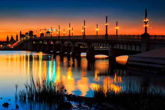Scenic view of Bridge of Lions at night