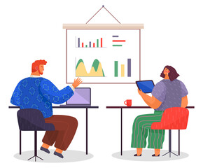 Teamwork process, office workers sitting at table and working at project, plan, colleagues looking at board and discussing presentation with charts, graphics, brainstorming, analysing strategy of work