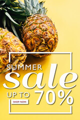 fresh ripe pineapples on yellow background with summer sale illustration