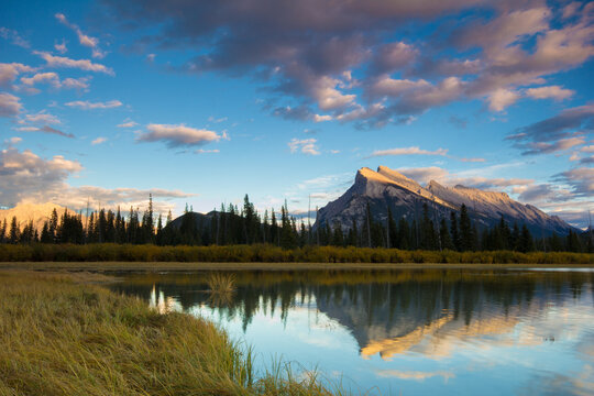 Scenic view of Mount Rundle with Vermilion Lake in foreground in Banff National Park