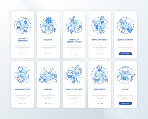 Pharyngitis complications onboarding mobile app page screen with concepts set. Contagious illness causes walkthrough 5 steps graphic instructions. UI vector template with RGB color illustrations