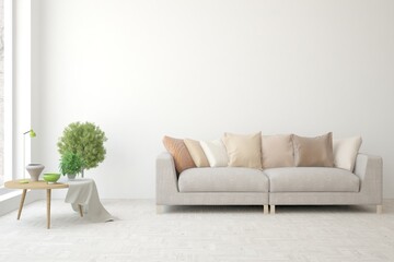 White living room with sofa. Scandinavian interior design. 3D illustration