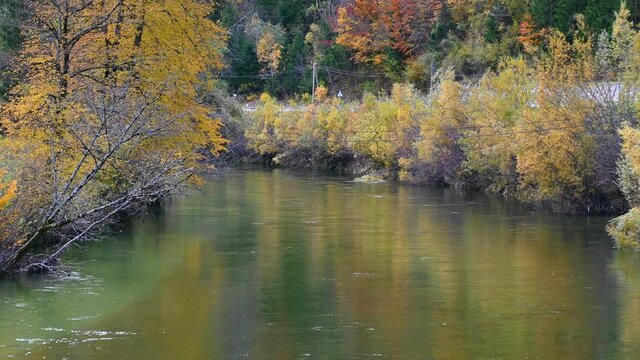 Elevated view of Alpine river flowing in beautiful and colorful autumn landscape. Triglav national park in Slovenia. Wide angle, static shot, real time