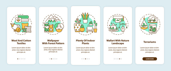 Living space with greenery onboarding mobile app page screen with concepts. Cotton, wool textile. Biophilia walkthrough 5 steps graphic instructions. UI vector template with RGB color illustrations