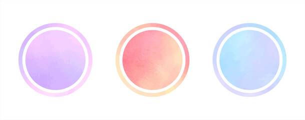 Colorful watercolor vector circles,  ring shapes, round thin frames set. Gradient light blue, lilac, pink watercolour stains texture. Hand drawn painted graphic design elements, text backgrounds.