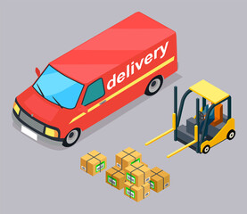 Loading boxes. Forklift machine, vehicle for loading, packages. Car delivery. Operator loading cargo, boxes or parcels with labels. Man sitting inside industrial truck control it. Storage service