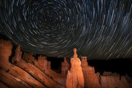 Scenic view of star trail over Thors Hammer in Bryce Canyon National Park