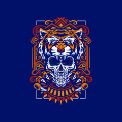 Tiger and skull, hand drawn line with digital color, vector illustration, isolated on dark background
