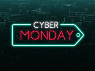 Cyber Monday arrow neon sign on futuristic concept dark green metallic background 