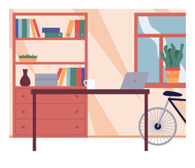 Office interior design. Table with cup and laptop. Cabinet with folders, books, vase at shelves, plants in pots, window, part of bicycle. Stylish interior without people. Illustration in flat style