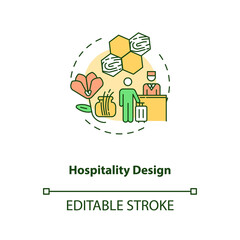 Hospitality design concept icon. Comfortable hotel. Guest house. Natural materials in interior. Biophilia idea thin line illustration. Vector isolated outline RGB color drawing. Editable stroke