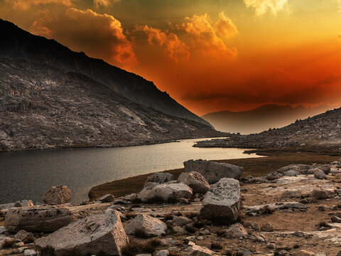 Scenic view of sunset over Guitar Lake below Mount Whitney