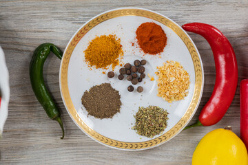 Various spices. Culinary background with selective focus