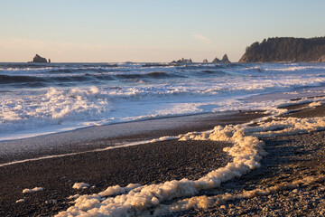 Beautiful landscape of Rialto Beach at sunset in Olympic National Park (Washington).