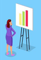 3d isometric vector illustration. Office worker thinking, looking at board with growing graphics. Thoughtful businesswoman wearing violet office suit analysing statistic, strategy, analytics
