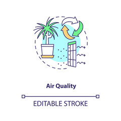 Air quality concept icon. Indoor ventilation. Clean house. Environmental care. Air circulation. Biophilia idea thin line illustration. Vector isolated outline RGB color drawing. Editable stroke