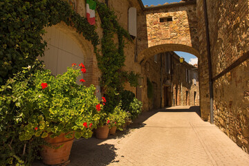 Fototapeta na wymiar An arch over a narrow street in the historic village of Murlo, Siena Province, Tuscany, Italy 