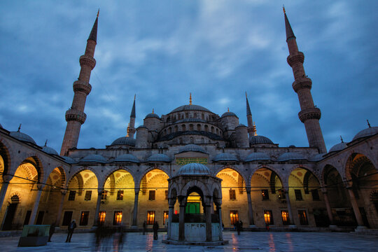 View of Blue Mosque against cloudy sky at dusk