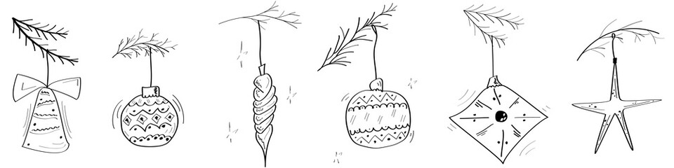 Set of hand drawn winter toys for fir and christmas tree, design element for Christmas and New year web design doodle illustration.