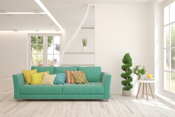 White living room with sofa. Scandinavian interior design. 3D illustration