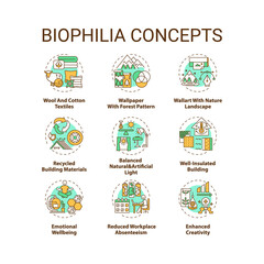 Biophilia concept icons set. Productivity in office. Emotional wellness. Indoor environment for healthy living idea thin line RGB color illustrations. Vector isolated outline drawings. Editable stroke
