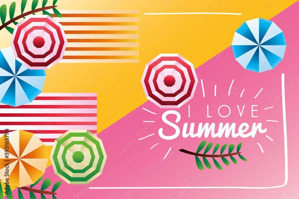 Poster love summer season lettering with umbrellas