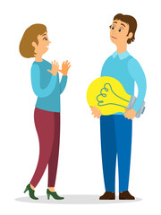 Guy having new idea. Startup project or new plan. Surprised woman talking with man holding lamp bulb. Business idea, colleagues discussing new project. Isolated vector cartoon characters communication