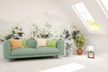 White living room with sofa an decorated wall. Scandinavian interior design. 3D illustration