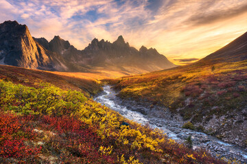 Scenic view of colorful tundra with Tombstone Mountain and Ogilvie Mountains during sunset