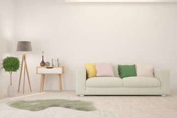 White living room with sofa. Scandinavian interior design. 3D illustration