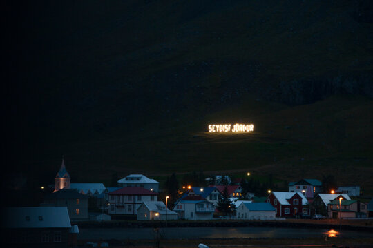 View of Seydisfjordur town at night