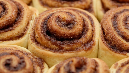 Obraz na płótnie Canvas Freshly baked cinnamon rolls close up, top view