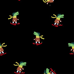 Vector winter seamless pattern with skiing crocodiles. Winter sport outside  on  the black background. Simple and stylish Scandinavian repeat texture.