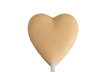 white chocolate heart isolated,chocolate on a stick in the shape of a heart on a white background