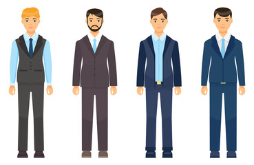 Collection of vector cartoon characters. Businessman wearing suit or costume with coat, tie, shirt, vest, trousers. Dresscode of adult business person. Different style costumes. Men clothing