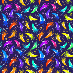 Seamless pattern with hand drawing flying bananas. Fresh juice splash. Isolated on dark background.