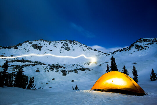 View of tent on Wasatch Range at night