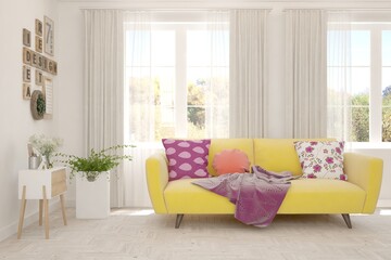 White living room with sofa. Scandinavian interior design. 3D illustration