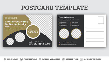 Real Estate Postcard Vector Template , Modern & Elegant Postcard Template For Home Sale.