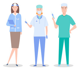 Cartoon characters, medical staff. Healthcare medicine concept. Ent woman with mirror, surgeon and assistant with syringe and scalpel. Medical help. Group of doctors, professional medical specialists