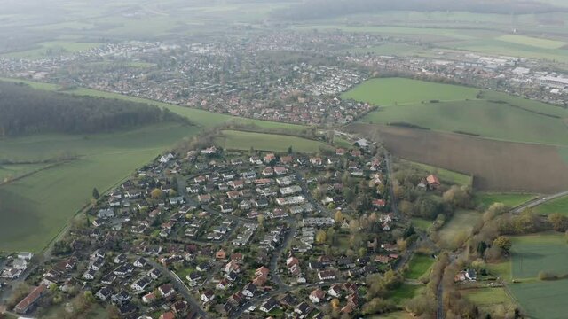 The fairytale castle burg Plesse in Bovenden near G&ouml;ttingen Goettingen at sunrise, Lower Saxony, Germany. Drone aerial shot of the Plesseburg in late autumn.