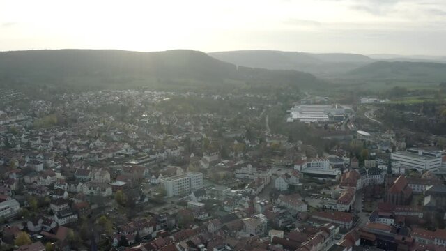 The fairytale castle burg Plesse in Bovenden near G&ouml;ttingen Goettingen at sunrise, Lower Saxony, Germany. Drone aerial shot of the Plesseburg in late autumn.