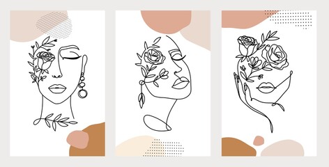 Line art women faces with flowers. Social media cover templates collection for posts, stories or banners. Continuous art portraits with flowers vector illustration.Modern continuous line art fashion.