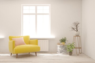 White living room with armchair. Scandinavian interior design. 3D illustration