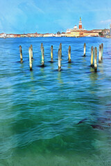 Nice view on Venice from water colorful painting looks like picture
