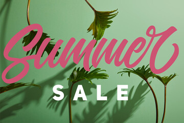 fresh tropical green leaves on green background with summer sale illustration