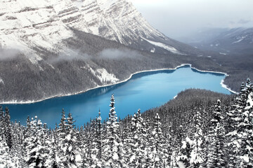 A winter wonderland at Peyto Lake in Banff National Park near the Icefields Parkway in the Canadian...