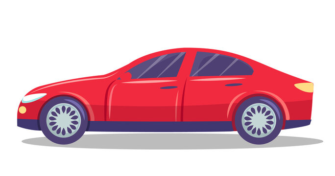 Isolated red modern automobile with two doors for quickly moving. Vehicle of everyday using transport. Transportation, taxi. Comfortable auto for driving. Sedan or hatchback auto with tinted windows